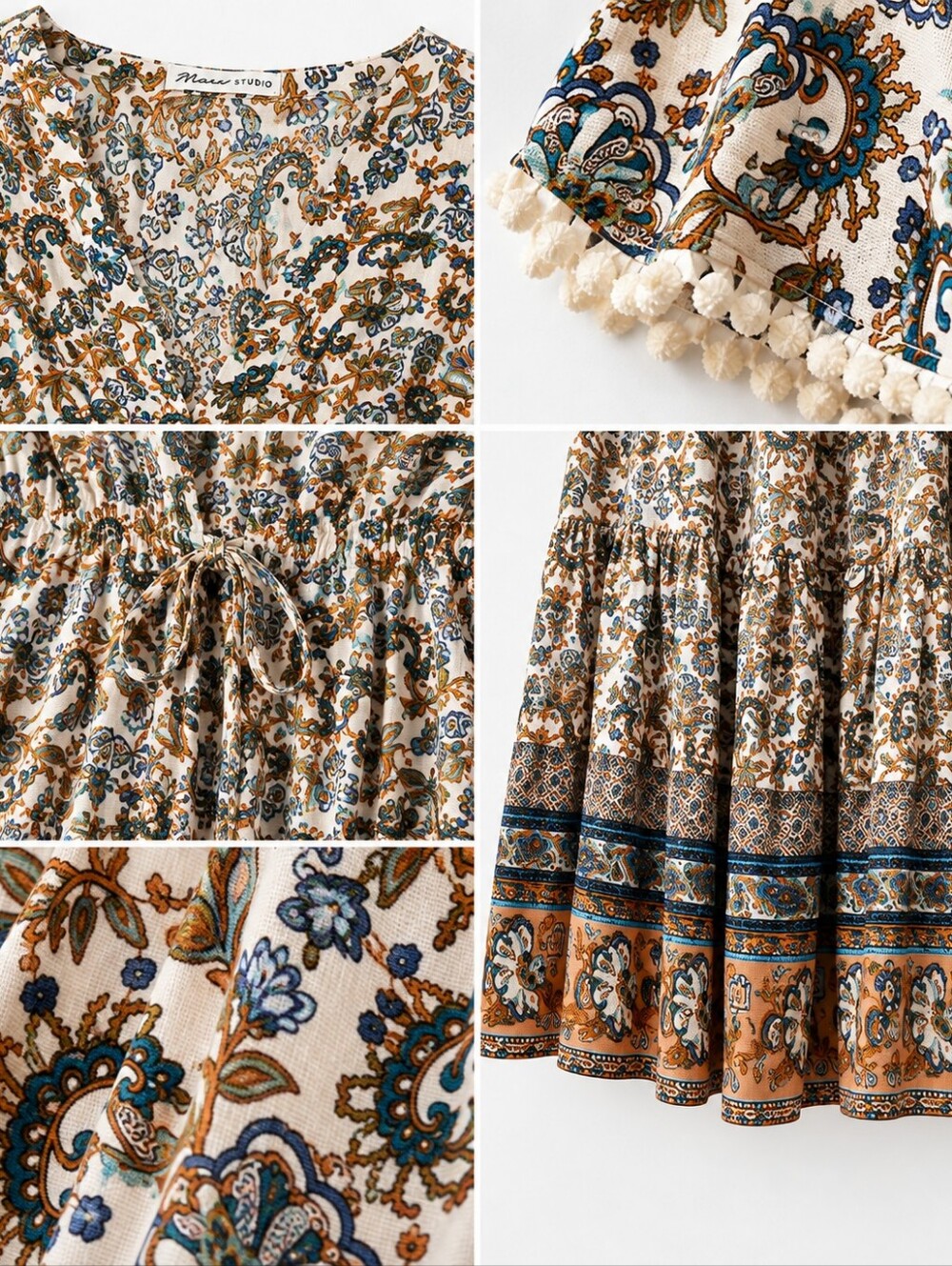 R.Vivimos Boho Paisley Floral Maxi Dress Pom Pom Trim Size M - Picture 5 of 11